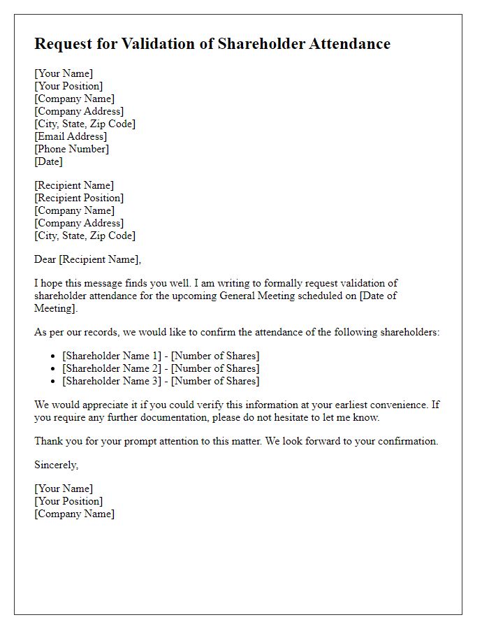 Letter template of request for validation of shareholder attendance at the general meeting.