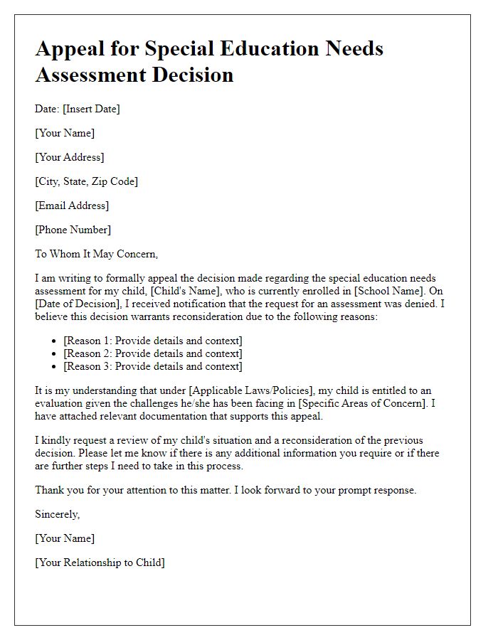 Letter template of appeal for special education needs assessment decision.