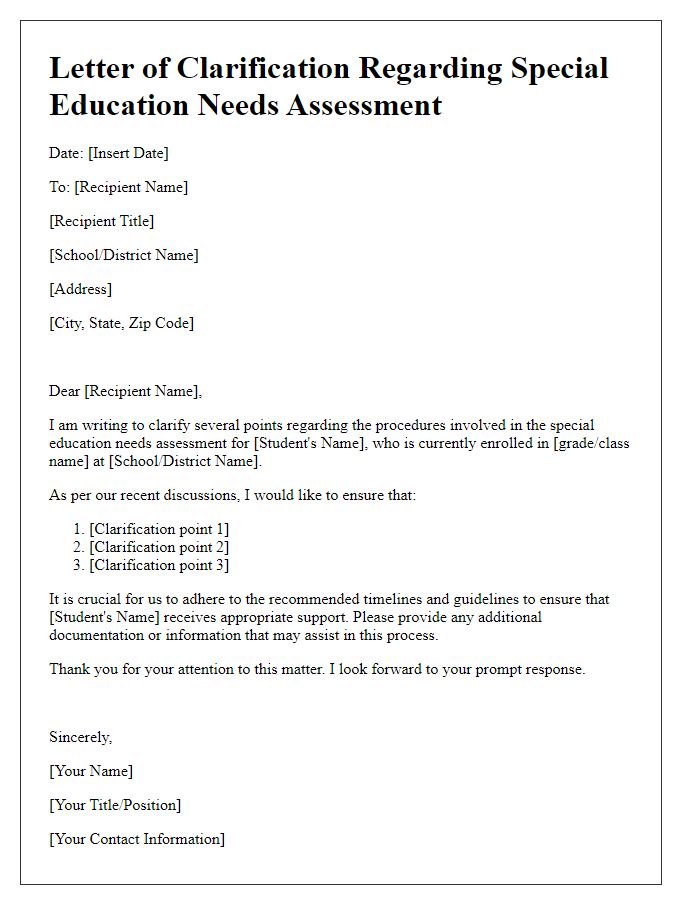 Letter template of clarification for special education needs assessment procedures.