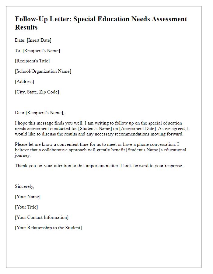 Letter template of follow-up for special education needs assessment results.