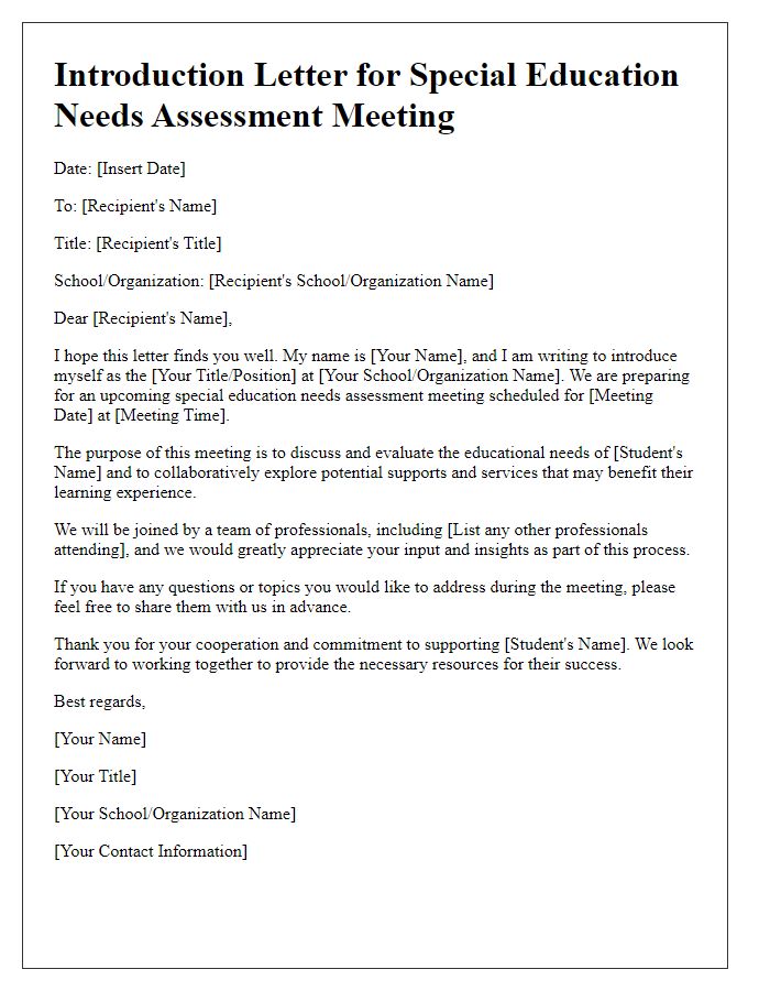 Letter template of introduction for special education needs assessment meeting.