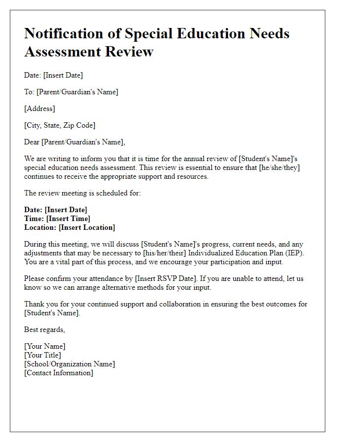 Letter template of notification for special education needs assessment review.