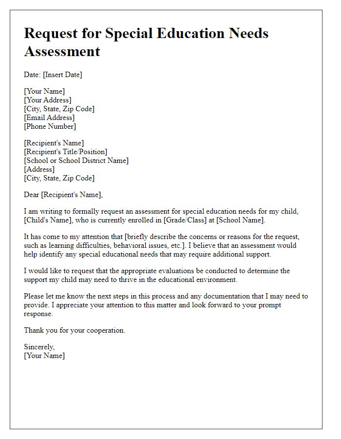 Letter template of request for special education needs assessment.