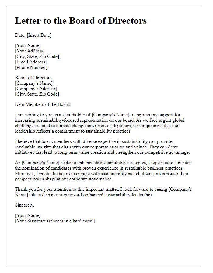 Letter template of shareholder advocacy for sustainability-focused board representation.