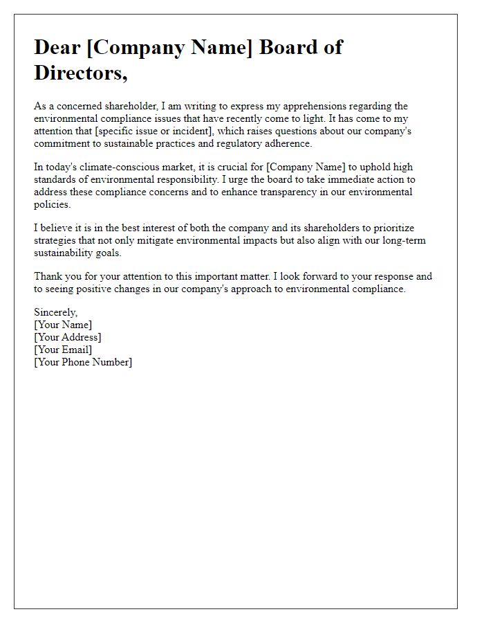 Letter template of shareholder concern about environmental compliance issues.