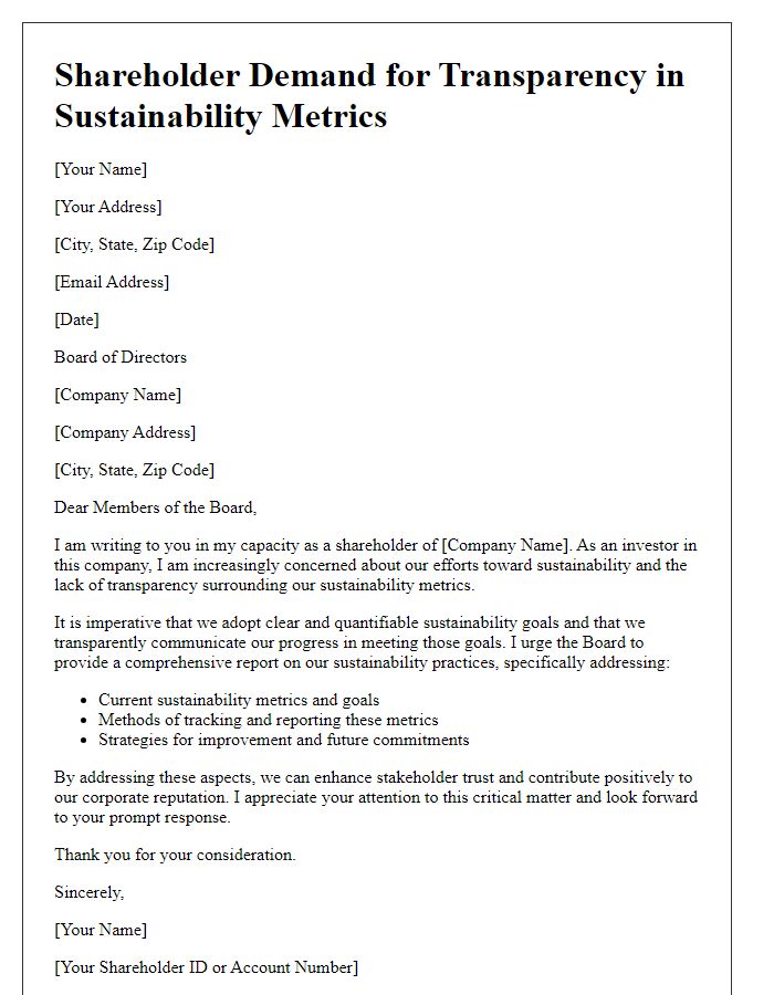 Letter template of shareholder demand for transparency in sustainability metrics.