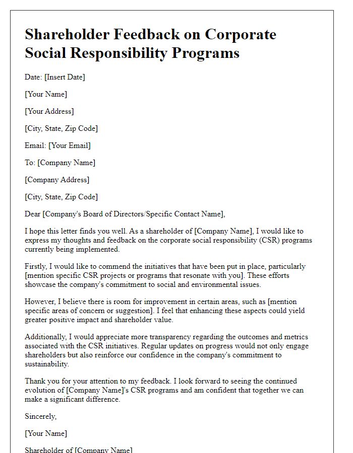 Letter template of shareholder feedback on corporate social responsibility programs.