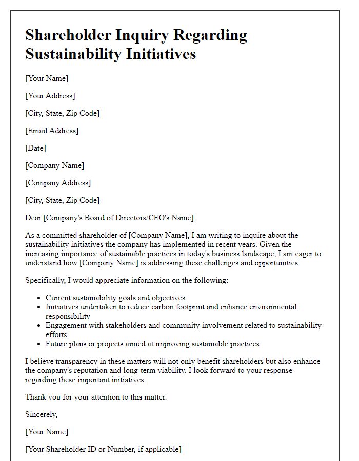 Letter template of shareholder inquiry regarding company sustainability initiatives.