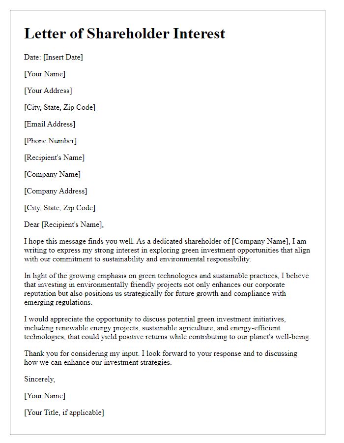 Letter template of shareholder interest in green investment opportunities.