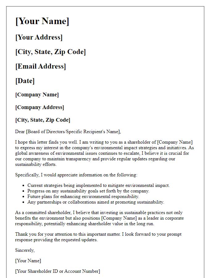 Letter template of shareholder request for updates on environmental impact strategies.