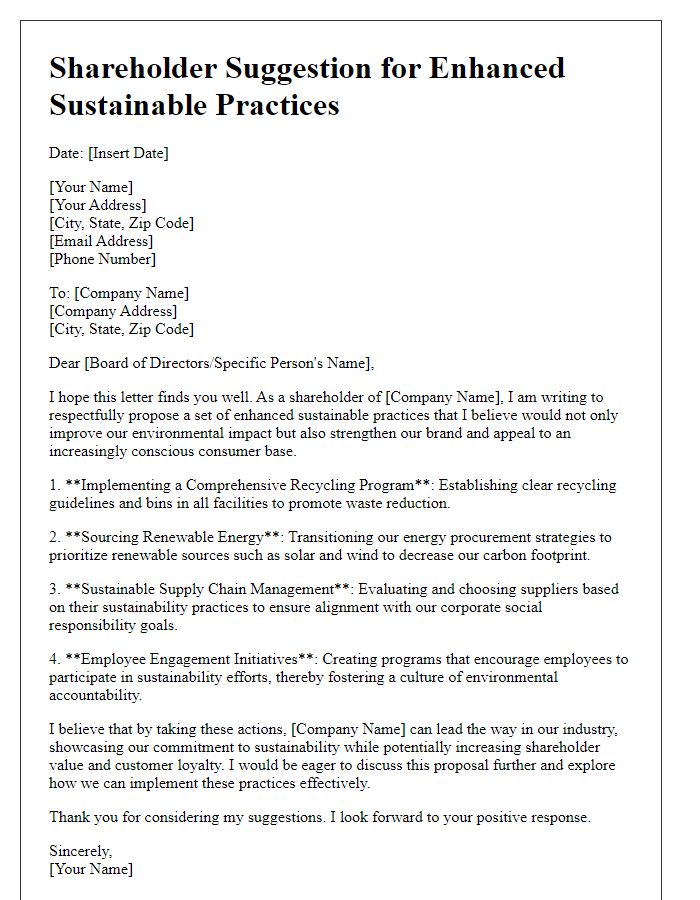 Letter template of shareholder suggestion for enhanced sustainable practices.