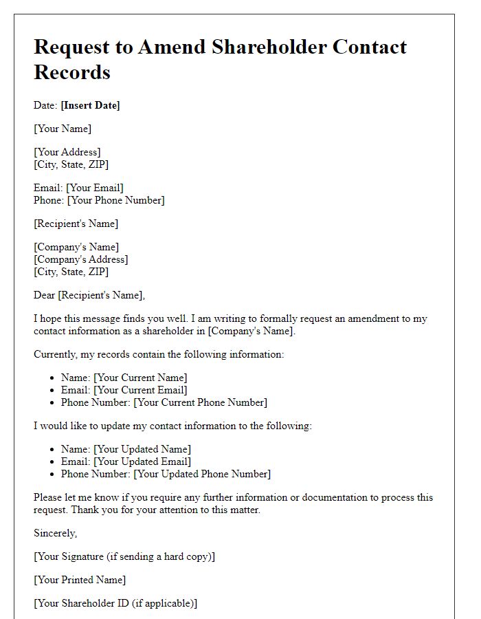 Letter template of Request to Amend Shareholder Contact Records