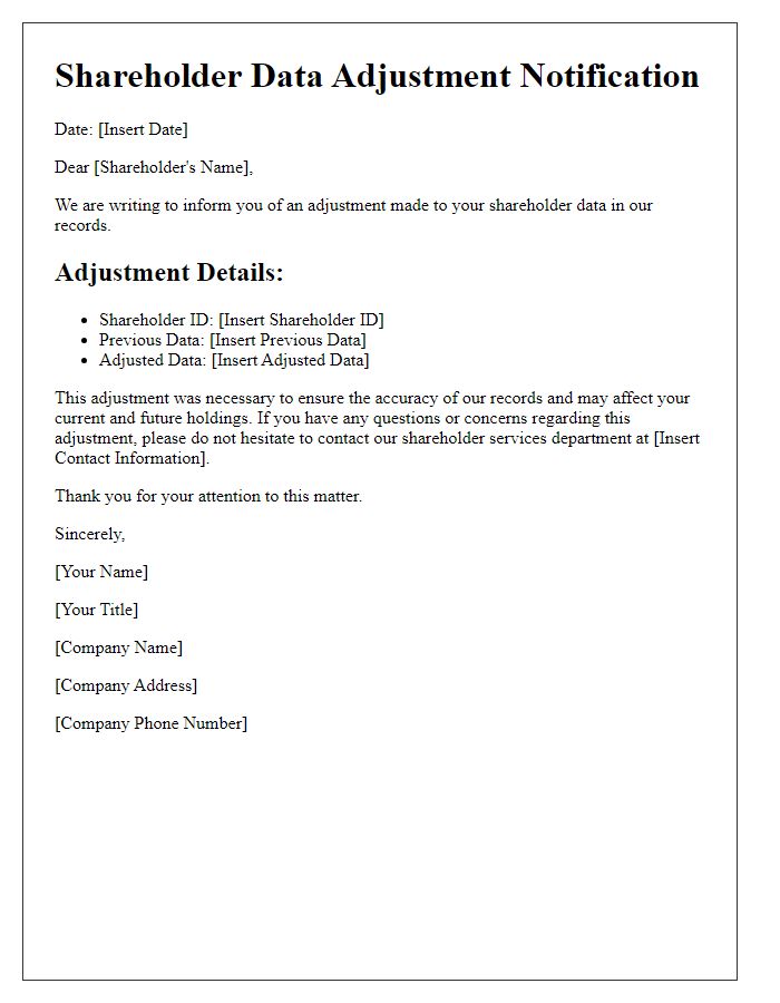 Letter template of Shareholder Data Adjustment Notification