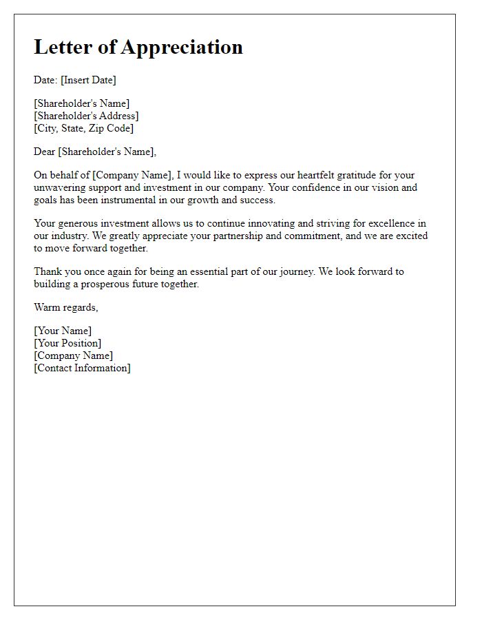 Letter template of appreciation for shareholder's investment support.