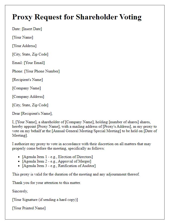 Letter template of Proxy Request for Shareholder Voting