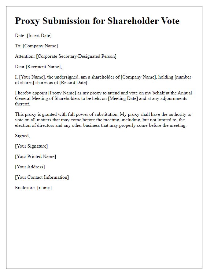 Letter template of Proxy Submission for Shareholder Vote