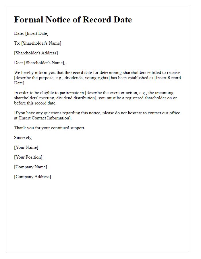 Letter template of Formal Notice of Record Date for Shareholders