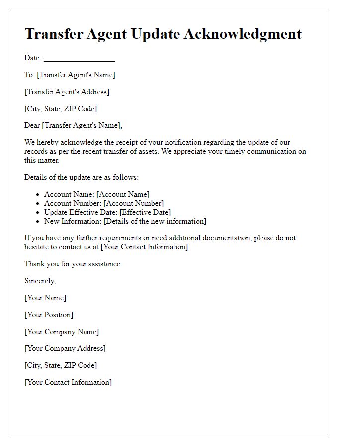 Letter template of Acknowledgment for Transfer Agent Update