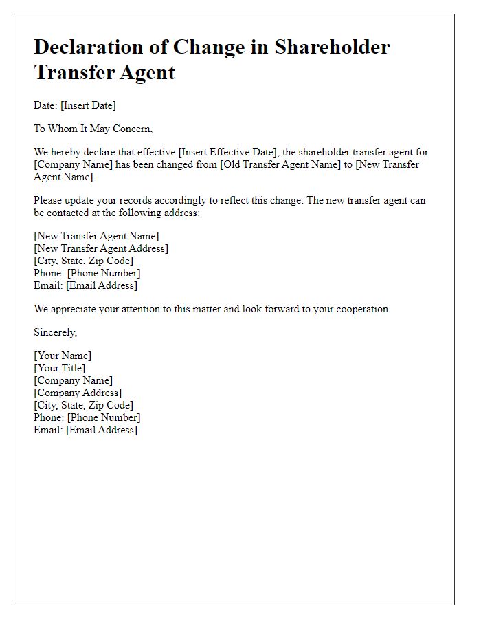 Letter template of Declaration of Change in Shareholder Transfer Agent