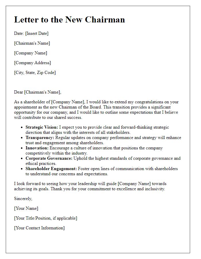 Letter template of shareholder expectations from the new chairman.