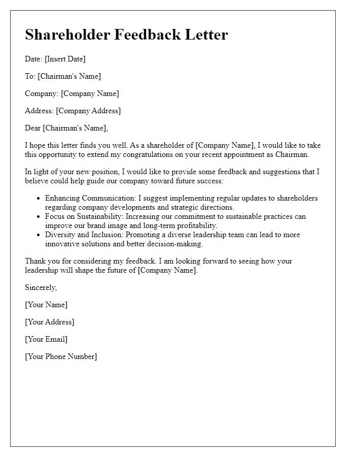 Letter template of shareholder feedback for the new chairman.