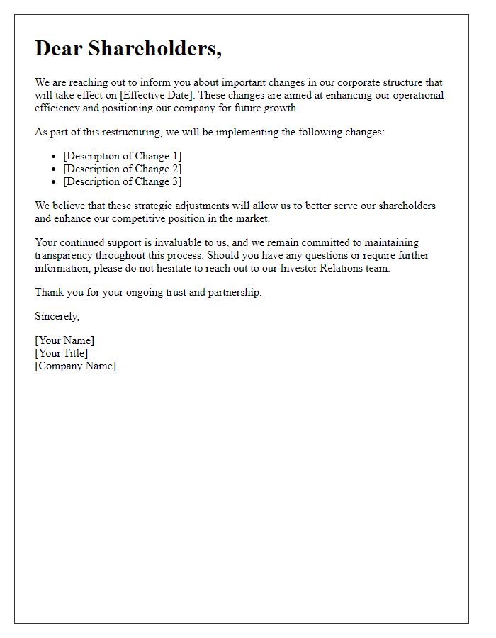 Letter template of announcing changes in corporate structure to shareholders