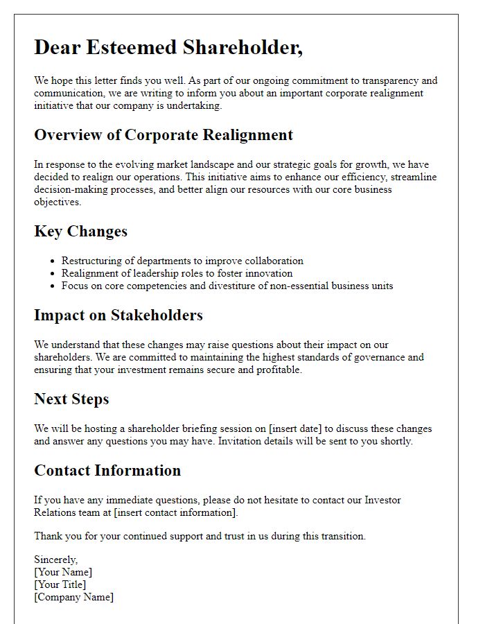 Letter template of shareholder briefing on corporate realignment