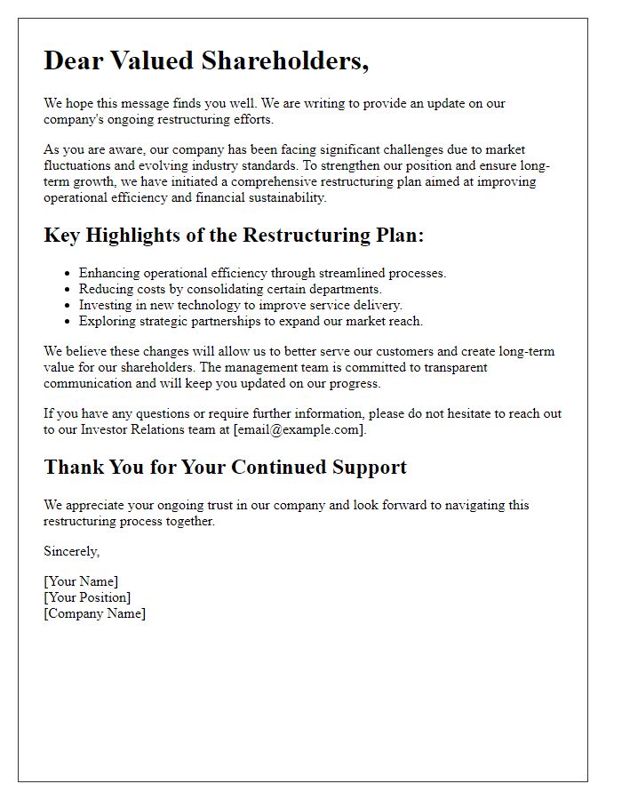 Letter template of shareholder update on company restructuring