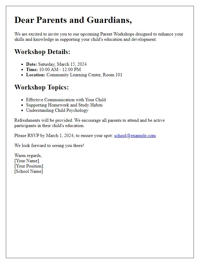 Letter template of Invitation to Parent Workshops