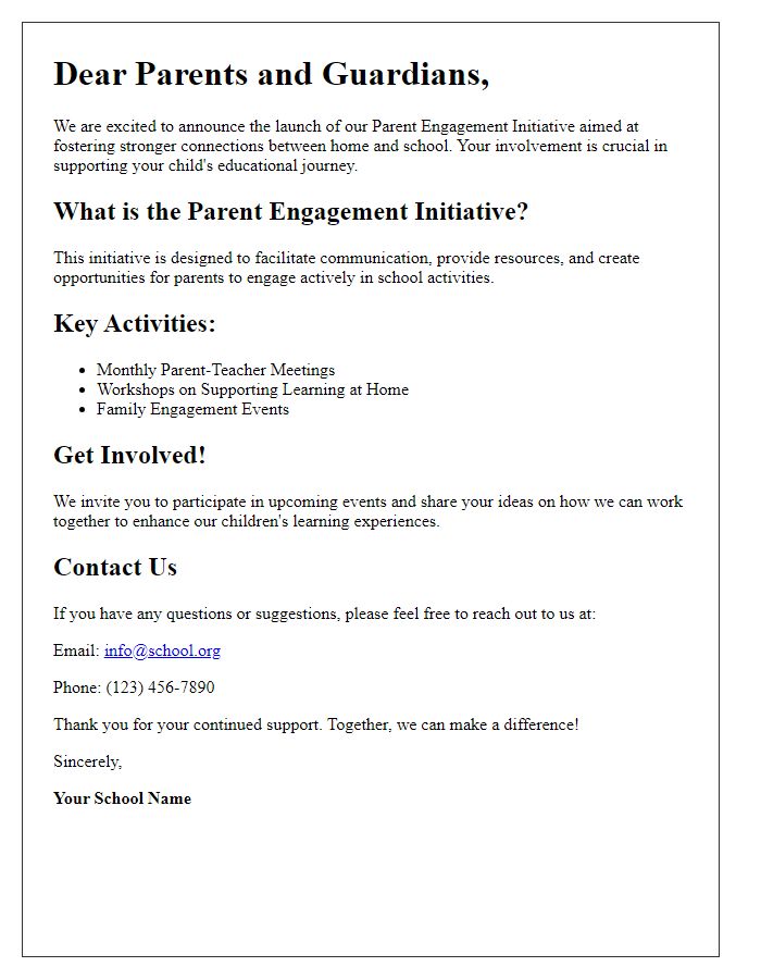 Letter template of Parent Engagement Initiative