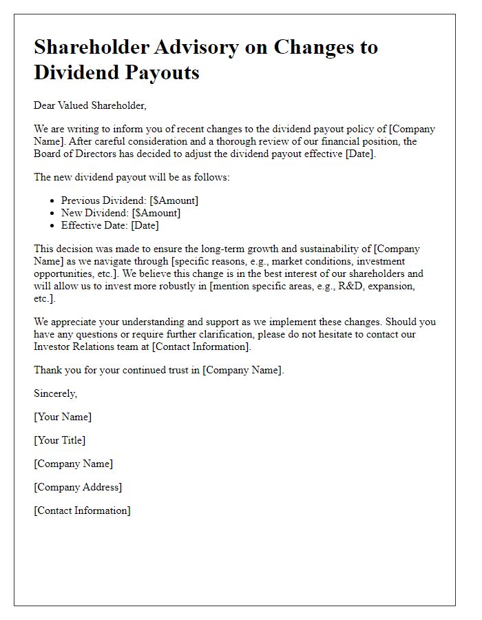 Letter template of shareholder advisory on changes to dividend payouts