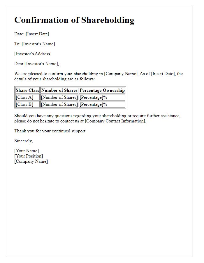 Letter template of confirmation of shareholding for investors