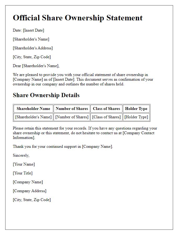 Letter template of official share ownership statement for shareholders