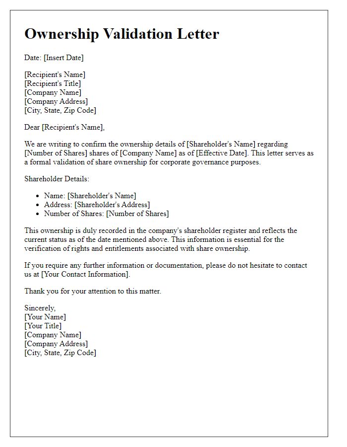 Letter template of ownership validation for corporate governance