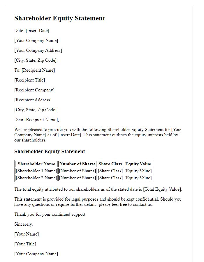 Letter template of shareholder equity statement for legal purposes