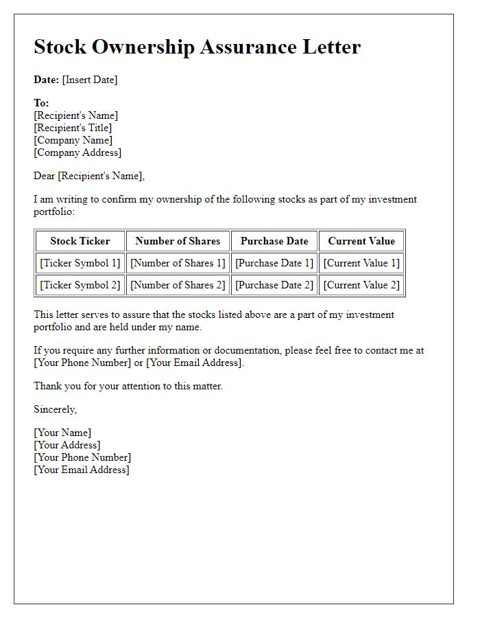 Letter template of stock ownership assurance for investment portfolios