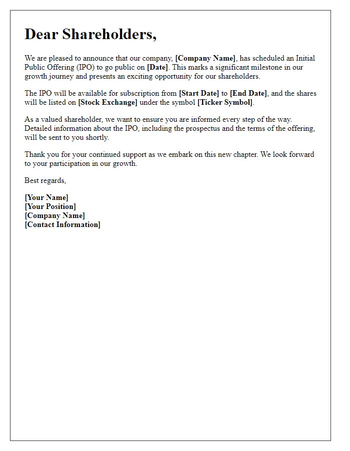 Letter template of announcement for shareholders on scheduled IPO.