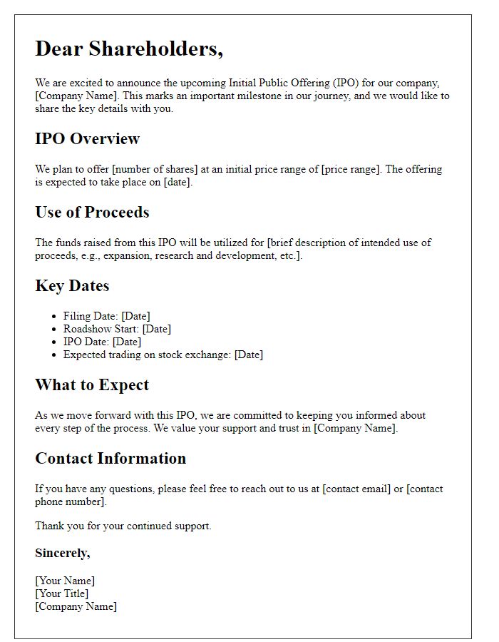 Letter template of briefing for shareholders regarding new IPO details.