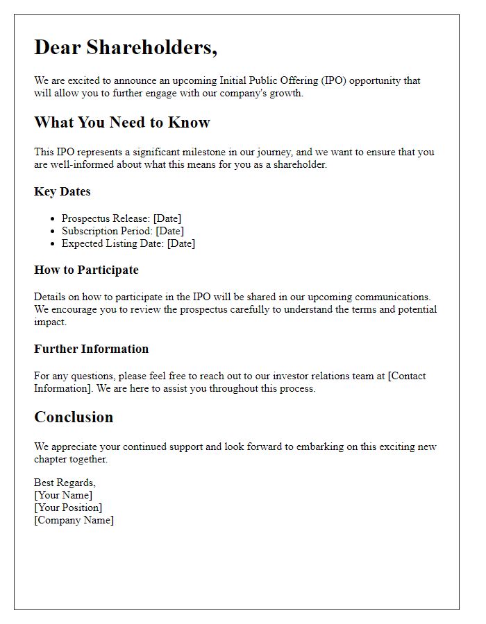 Letter template of guidance for shareholders on the upcoming IPO opportunity.