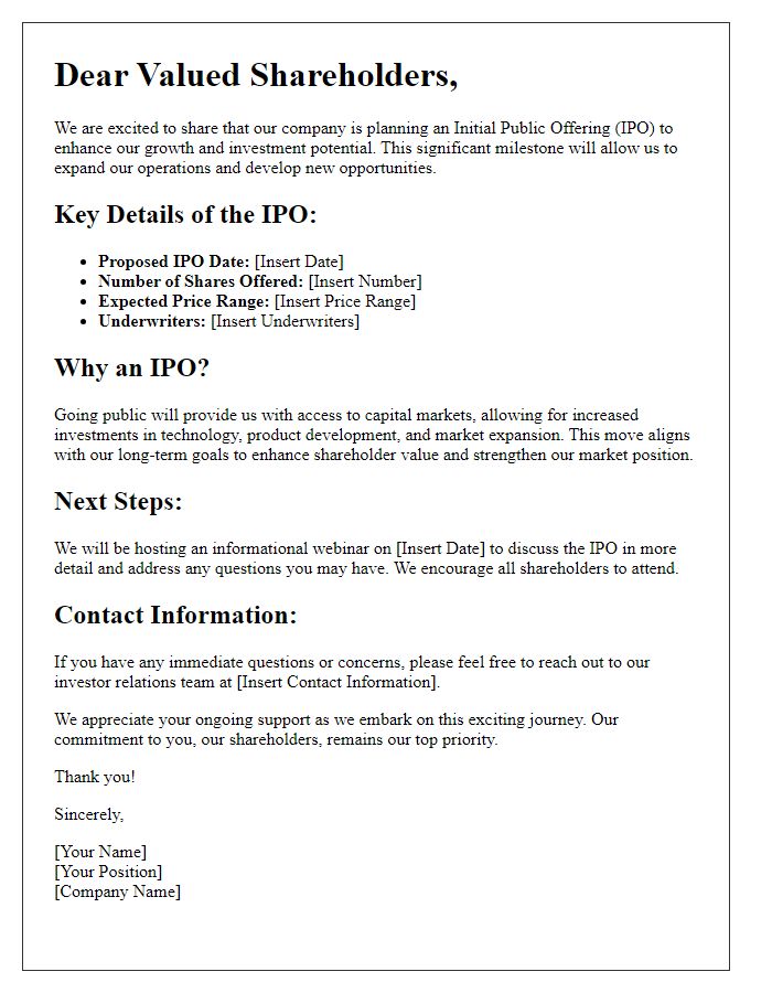 Letter template of information for shareholders on planned IPO event.