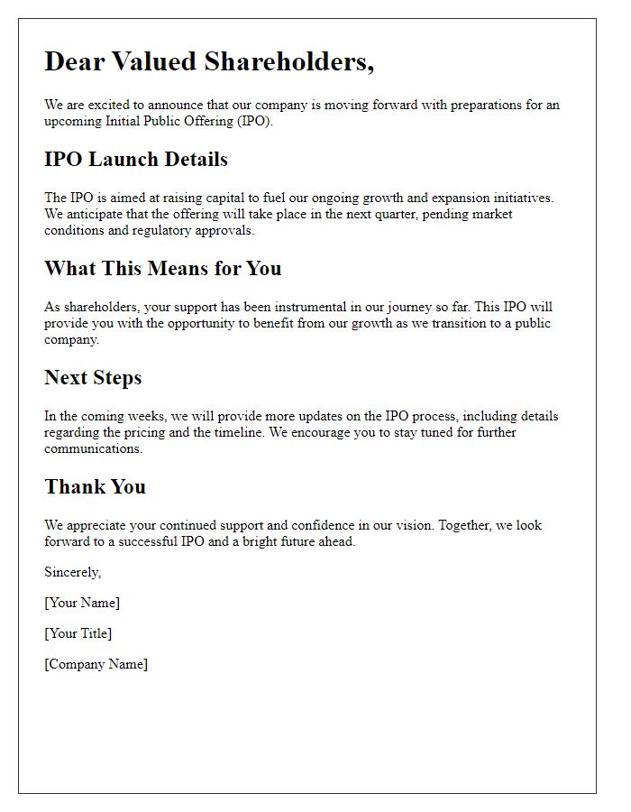 Letter template of update for shareholders concerning upcoming IPO launch.