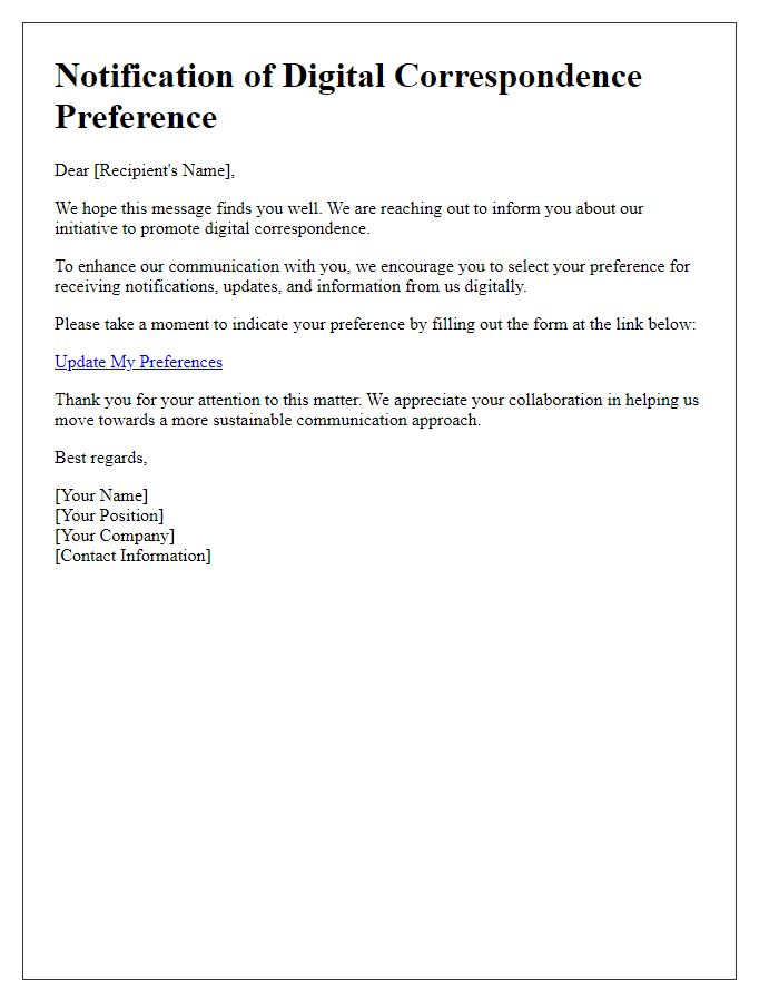 Letter template of notification for digital correspondence preference