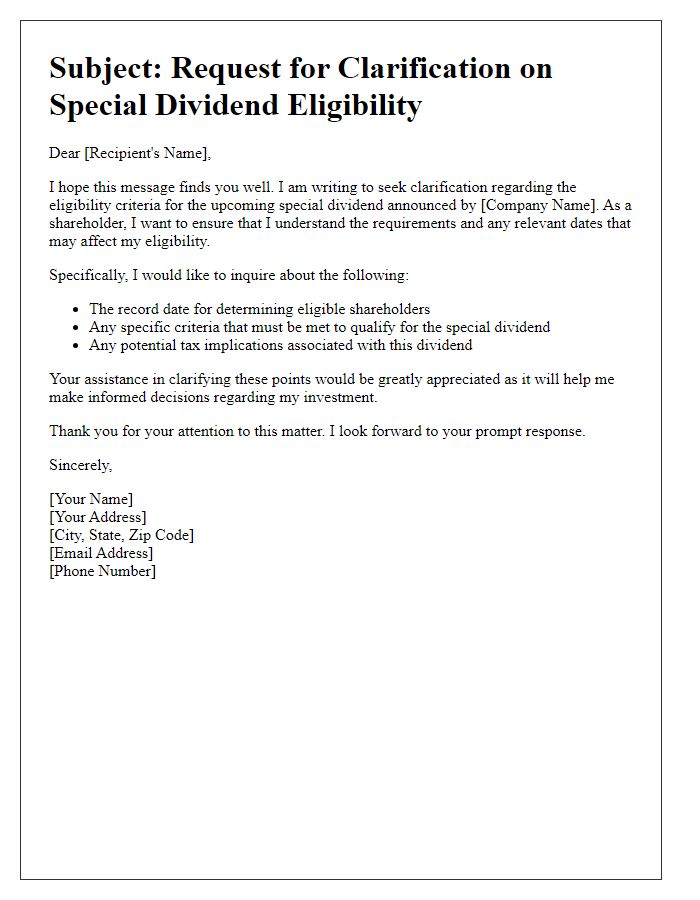 Letter template of clarification needed on special dividend eligibility for shareholders.