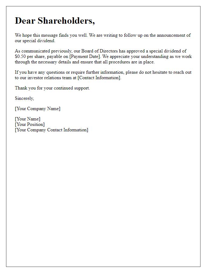 Letter template of follow-up on special dividend information for shareholders.