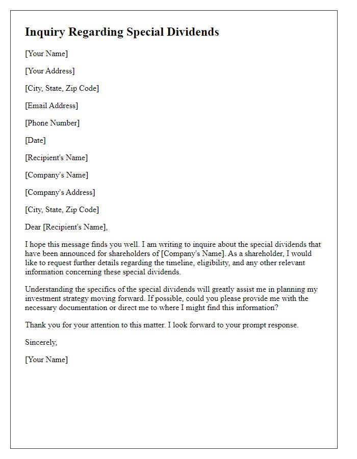 Letter template of inquiry regarding details of special dividends for shareholders.