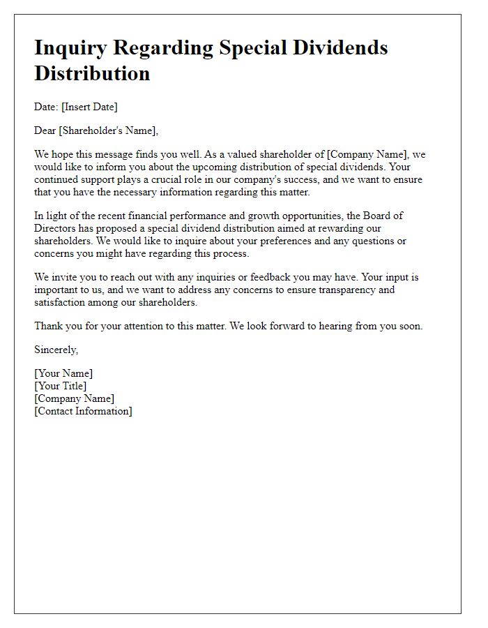 Letter template of inquiry for shareholders on the distribution of special dividends.