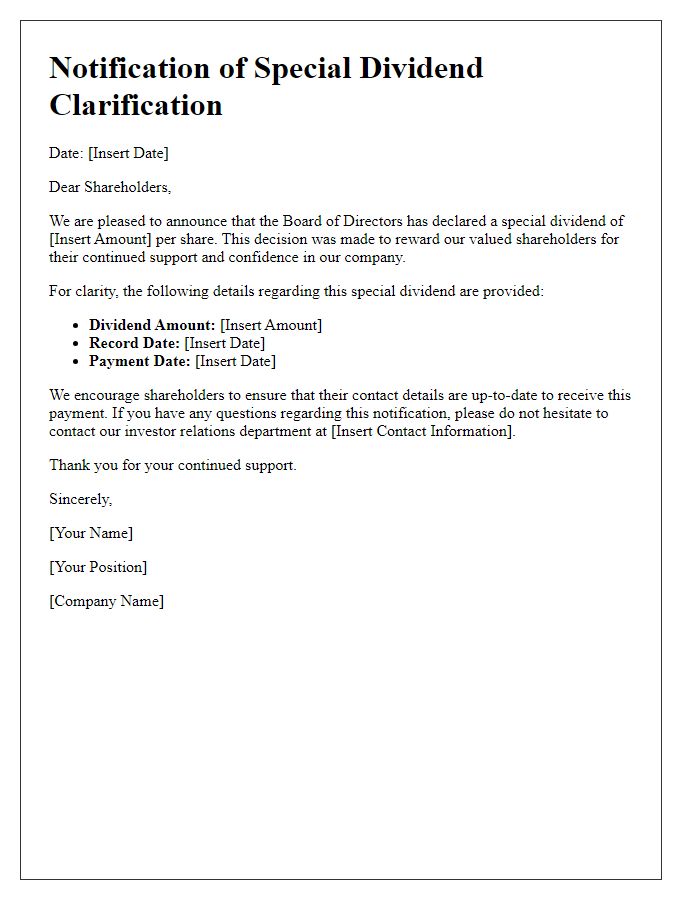 Letter template of notification for shareholders about special dividend clarification.