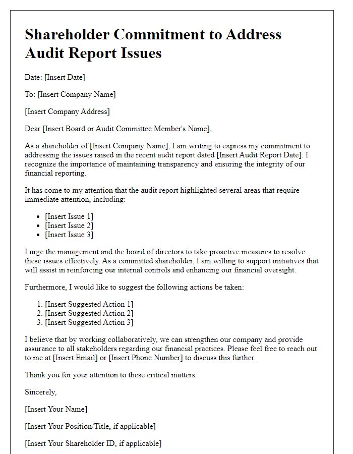 Letter template of shareholder commitment to address audit report issues