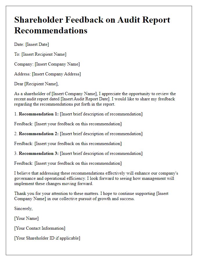 Letter template of shareholder feedback on audit report recommendations