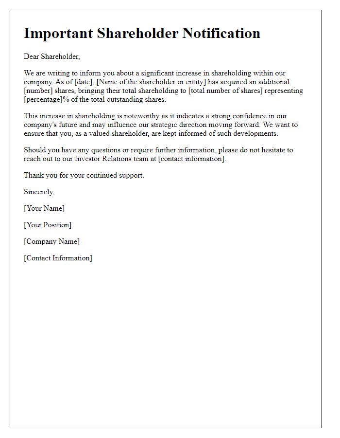 Letter template of alert for shareholders about significant shareholding increases.